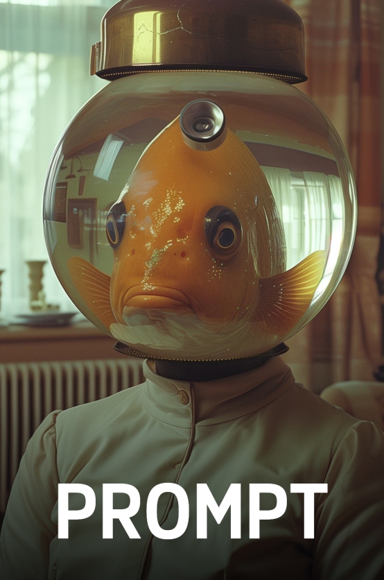 PROMPT The image shows a seated humanoid figure wearing a white shirt buttoned up to the collar. Instead of a head, there is a clear glass jar containing water and an orange goldfish. The jar is topped with a golden metal lid. In the background, there is a window, curtains, a radiator and some furniture, suggesting a vintage-style flat.