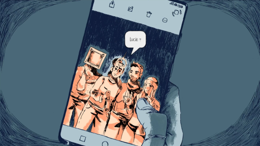On voit sur un écran de téléphone portable une photo de Tim et ses amis 