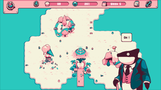 La interfaz del juego de gestión Orco Park. Vemos a Orco, una orca, el personaje central del juego, a la que podemos comprar atracciones. 