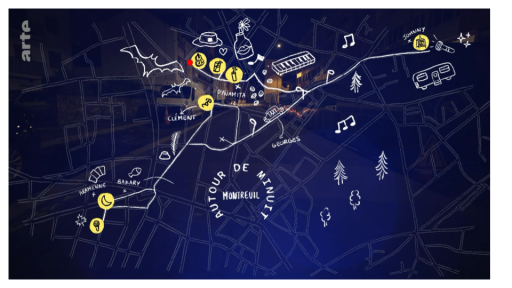 On voit la carte des déplacements de l'équipe. Différents dessins montrent les points d'intérêt de la ville. 