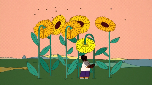 Un homme se tien à l'ombre de 5 grands tournesols et semble discuter avec l'un d'eux 