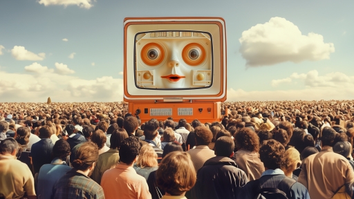 The image shows a huge crowd of people facing a giant screen. The screen is shaped like a vintage television with an orange frame. Inside the screen is an anthropomorphic face, with large round eyes and an orange mouth. Behind the crowd, the sky is clear with a few white clouds.