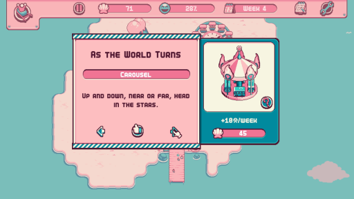 We see the interface for the Orco Park management sim.  Here, the player can build the "As the world turns" attraction, which looks like a merry-go-round. It's written "Up and down, near or far, head in the stars".