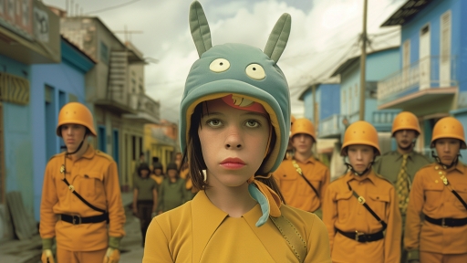 The image shows a military formation, with young people lined up in yellow uniforms and helmets reminiscent of soldiers in line. In the foreground, a young girl stands out from the group. Unlike the others, she is wearing a fanciful helmet in the shape of a rabbit's head, with large ears and stylised eyes.