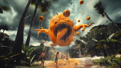 The image shows a giant orangeshaped monster, with a gaping mouth and sharp teeth, suspended in the sky above a beach. Orange juice drips from its body, and several oranges surround it. Below, children in swimming trunks run away from the monster in the shallow water. The scene is intense and surreal, with a dark sky.