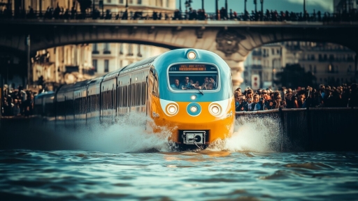 The image shows a metro train that appears to be rolling directly over the waters of the Seine, creating splashes at the front of its yellow and blue locomotive. The scene, which defies the laws of physics, shows the metro in the middle of the river, surrounded by curious spectators standing on the quays. In the background, a Parisian bridge and typical Parisian buildings can be seen.