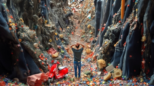 The image shows a man from behind, standing in the centre of a canyon that looks like the inside of a gigantic jeans pocket. The walls of the canyon are made of denim, evoking pieces of worn trousers. Around him, various objects litter the floor, including buttons, coins, coloured debris and other small, everyday objects that might be found at the bottom of a forgotten pocket. To his left, a red scooter is parked.