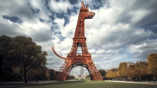 The image shows a structure that resembles the Eiffel Tower with an artistic transformation: the upper part of the tower takes the shape of a stylised dog's head, and a curved tail is also visible on the side. The structure retains the metallic redbrown colour characteristic of the Eiffel Tower, but is modified to evoke a dog in profile, with pointed ears and a snout. The scene takes place on a cloudy day, with trees framing the image.