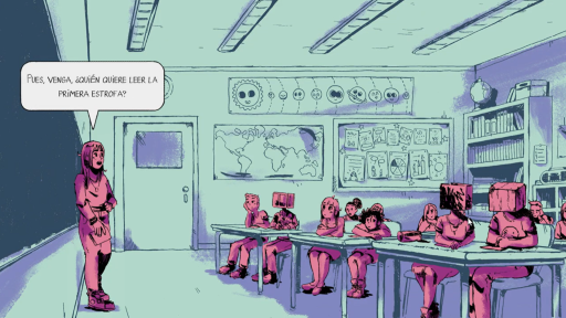 Vemos una clase con una mezcla de alumnos con cabezas en forma de cubo y otros con cabezas humanas. El profesor les dice: «Pues, venga, ¿Quién quiere leer la primera estrofa?».