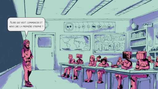 On voit une salle de classe où se mélangent des élèves avec des têtes en forme de cube et d'autres avec leurs têtes humaines. L'institutrice leur dit "Alors qui veut commencer et nous lire la première strophe ?"
