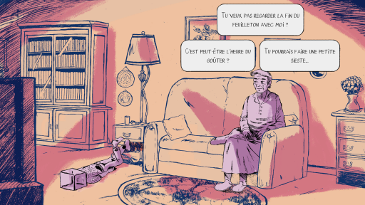 On voit Tim et sa grand-mère installés sur le canapé dans le salon, devant la télévision. Sa grand-mère lui dit "Tu veux pas regarder la fin du feuilleton avec moi?" "C'est peut-être l'heure du goûter ?" "Tu pourrais faire une petite sieste..."
