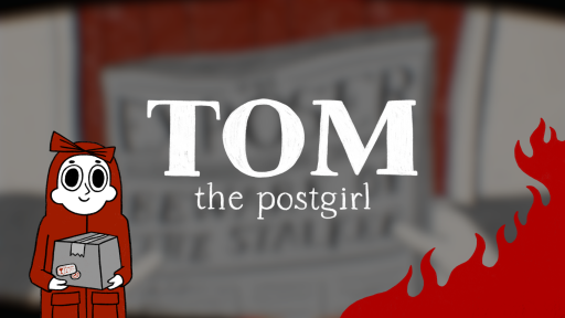 L’image montre Tom souriante en rouge tenant un colis, avec en grand le titre du jeu « TOM the postgirl » au centre, sur un fond flou et une flamme rouge stylisée à droite.