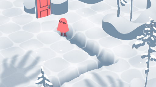 Fantôme qui arrive jusqu'à une porte en marchant dans la neige