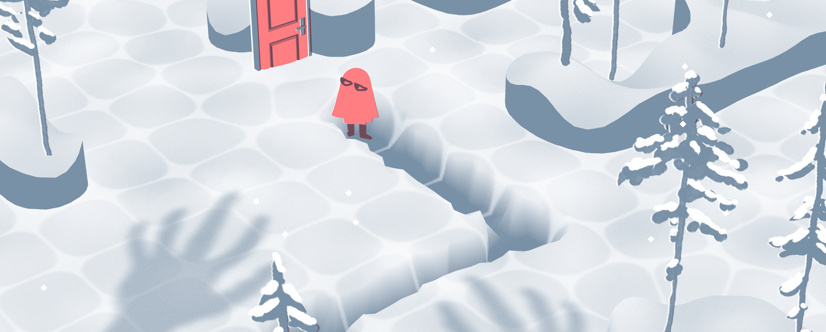 Fantôme qui arrive jusqu'à une porte en marchant dans la neige