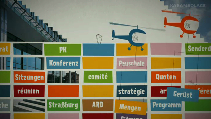 La imagen muestra un collage con un gran número de bloques de colores en los que están escritas en alemán y francés diversas palabras y abreviaturas del día a día de ARTE: "PK", "Konferenz", "Sitzungen", "comité", "réunion", "Strategie", "Quoten" y "Programm". Dos helicópteros, uno azul y otro naranja, transportan cada uno un bloque etiquetado "Mengen" y "Gerüst". Al fondo se ve el edificio de ARTE en Estrasburgo.