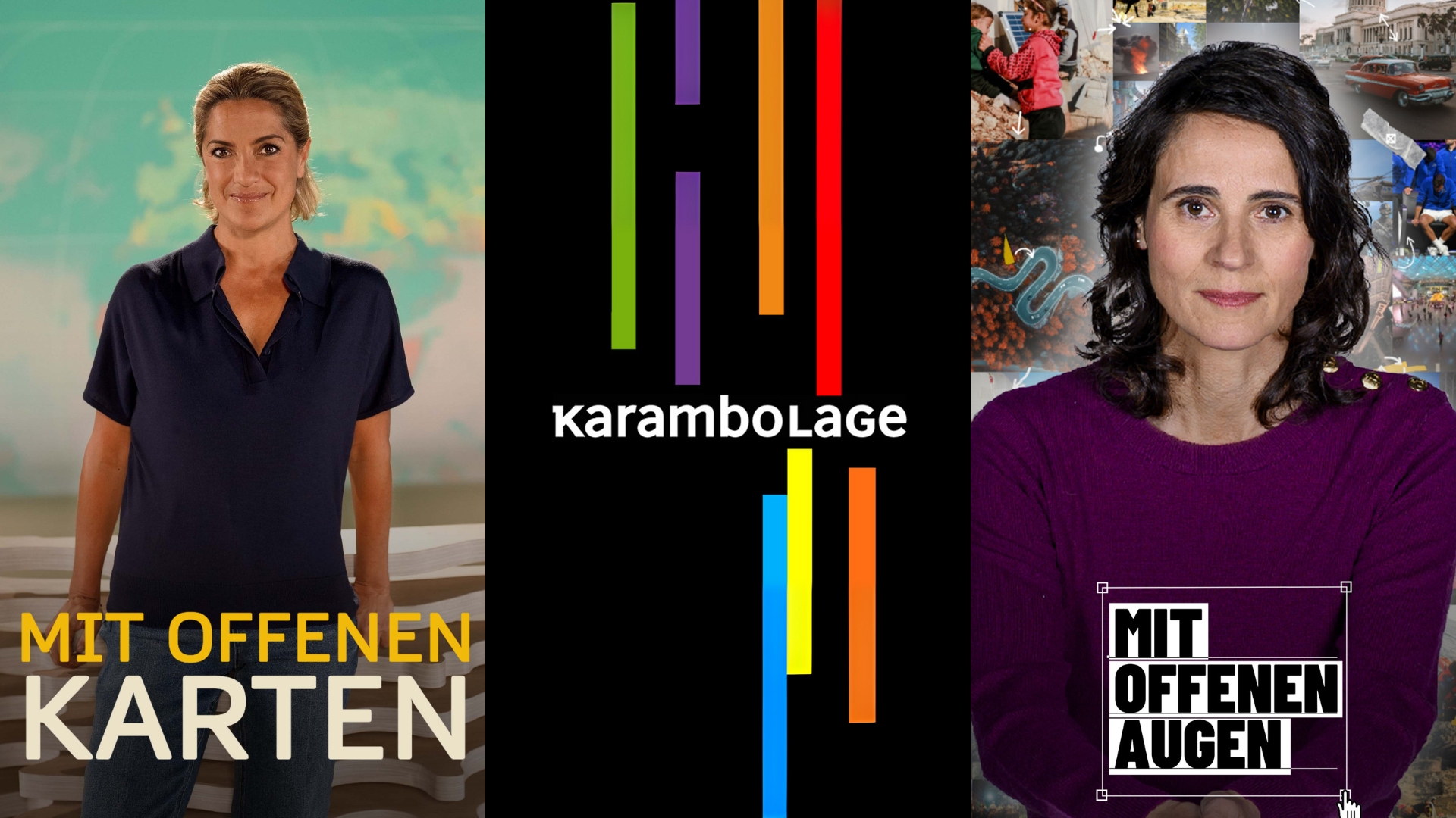 „Mit offenen Karten“, „Karambolage“ und „Mit offenen Augen“ – drei ARTE-Produktionen, die das Ecoprod-Gütesiegel tragen © ARTE Studio