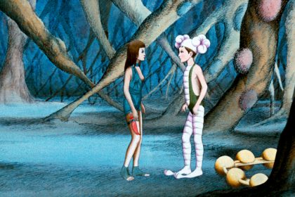 Zur ARTE-Sendung Animationsfilme Der wilde Planet 2035340: Eine wilde Om (li.) rettet den Hausmenschen Terr (re.) vor seiner Besitzerin. Durch einen Zufall ist Terr in den Besitz eines Lernkopfhörers gekommen, mit dem er auf das Wissen der Draags zurückgreifen kann.. © 1976 Les Films Armorial/Argos Films Foto: ARTE France Honorarfreie Verwendung nur im Zusammenhang mit genannter Sendung und bei folgender Nennung "Bild: Sendeanstalt/Copyright". Andere Verwendungen nur nach vorheriger Absprache: ARTE-Bildredaktion, Silke Wölk Tel.: +33 3 881 422 25, E-Mail: bildredaktion@arte.tv